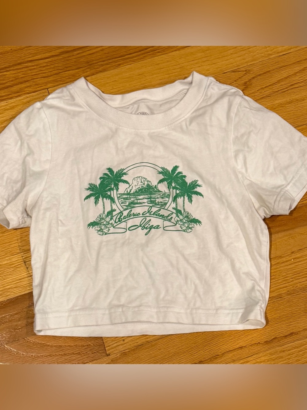 PacSun White crop top with Green Palm Baleric Island Ibiza Graphic- SIZE S